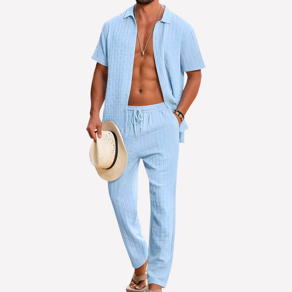 Men's Summer Co Ord Set Textured Shirt Relaxed Trousers