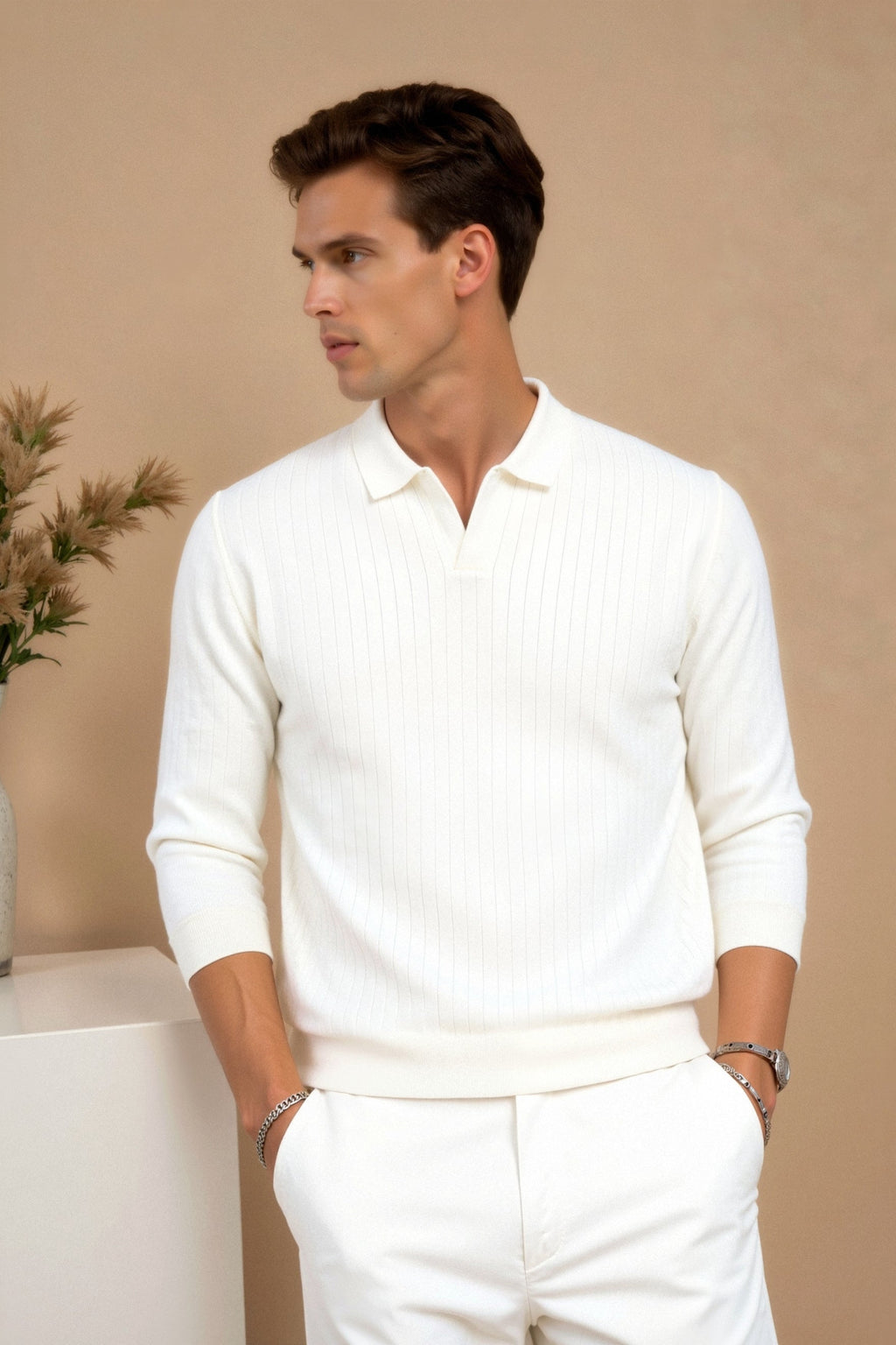 Men's Ribbed Knit Polo Long Sleeve Smart Casual Shirt