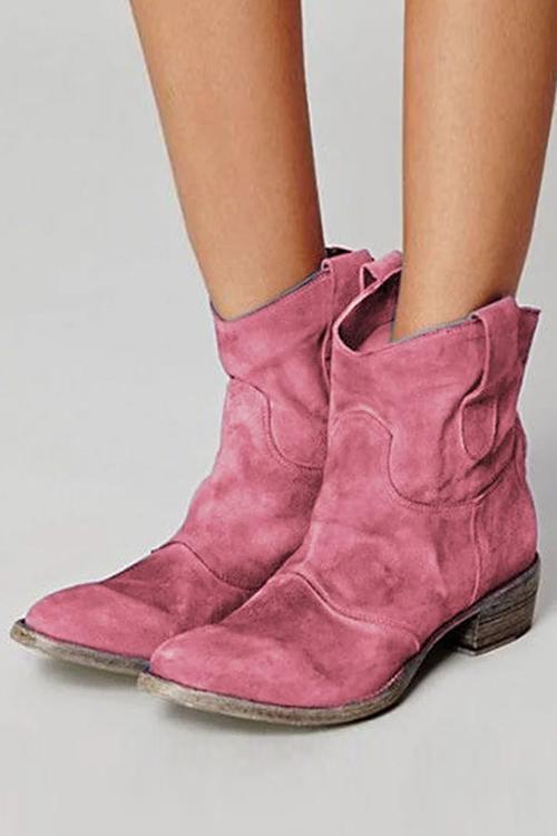 Women's Vintage Western Suede Booties with Stacked Heel - Pink