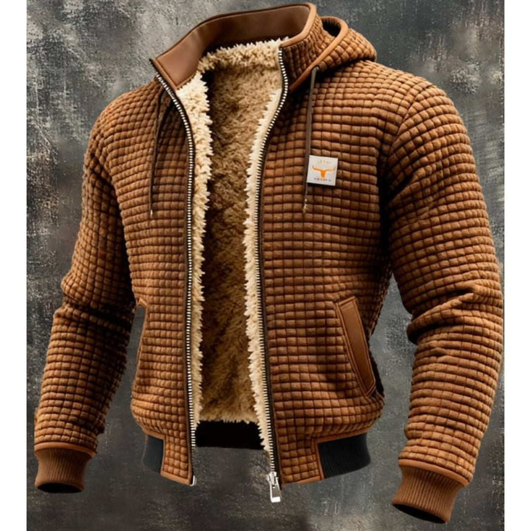 Men's Contrast-Trim Quilted Hooded Jacket with Fleece Lining - Brown