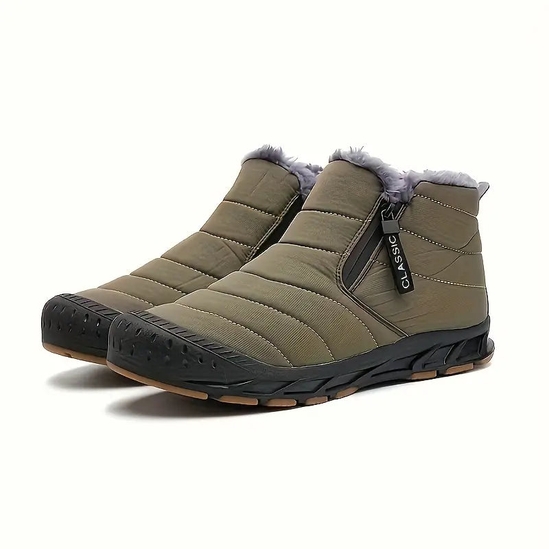 Men's Horizontal Quilted Zip Winter Boots with Plush Lining - Olive Green
