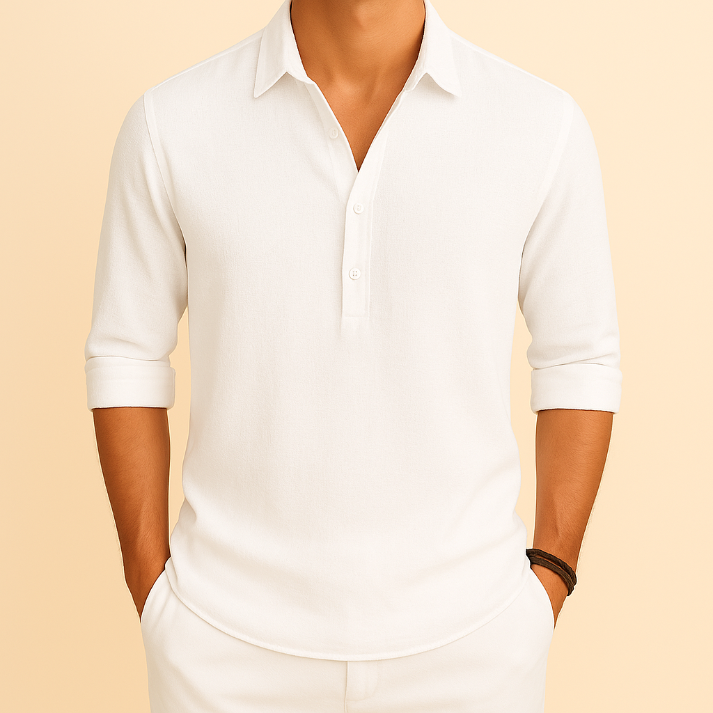 Men's Long Sleeve Polo Shirt Relaxed Fit Button Neck