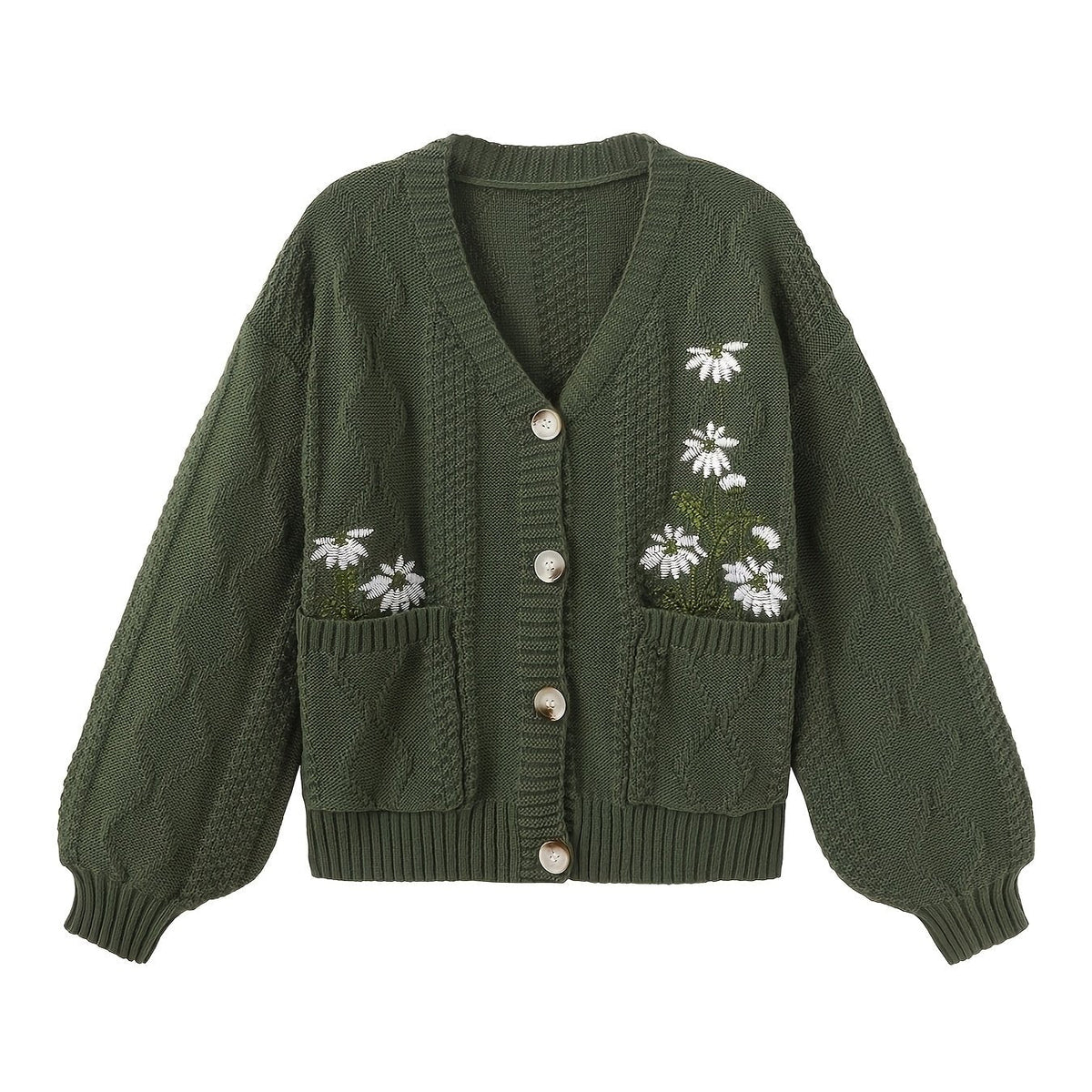 Women's Delicate Floral Stitch Knit Cardigan - Olive Green