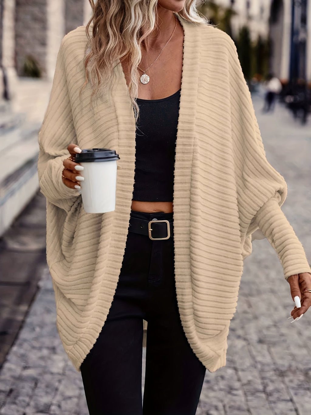 Women's Buttonless Ribbed Drape Cardigan