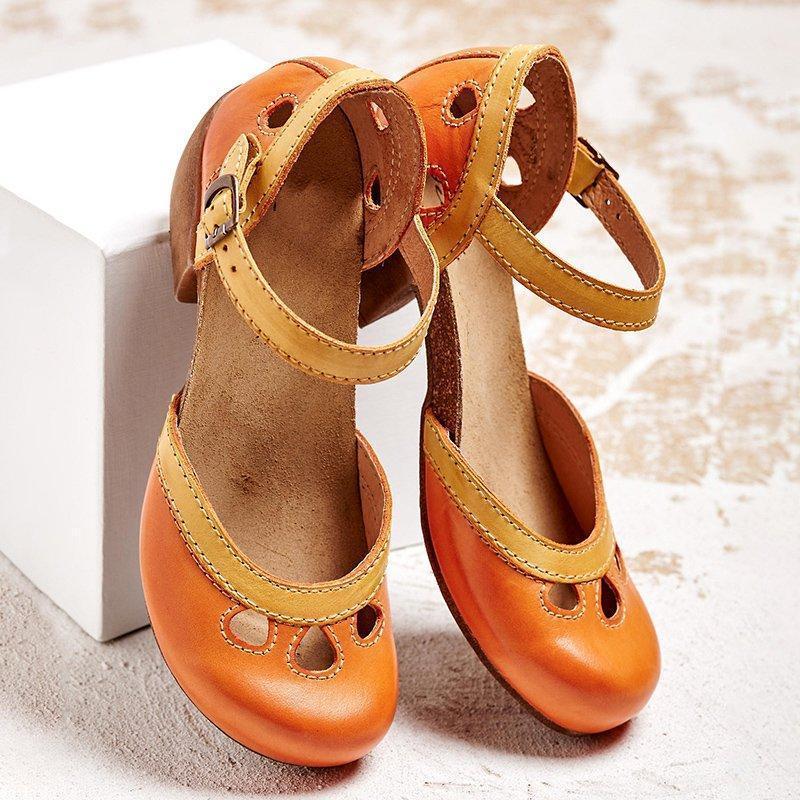 Women's Contrast-Panel Ankle Strap Flats with Cutout Details - Orange