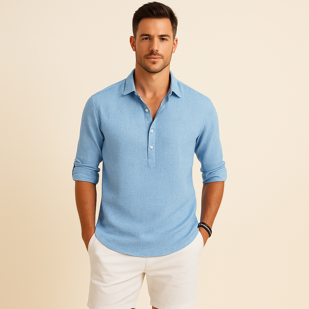 Men's Long Sleeve Polo Shirt Relaxed Fit Button Neck