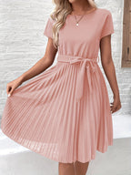 Women's Pleated Midi Dress Tie Waist Short Sleeve