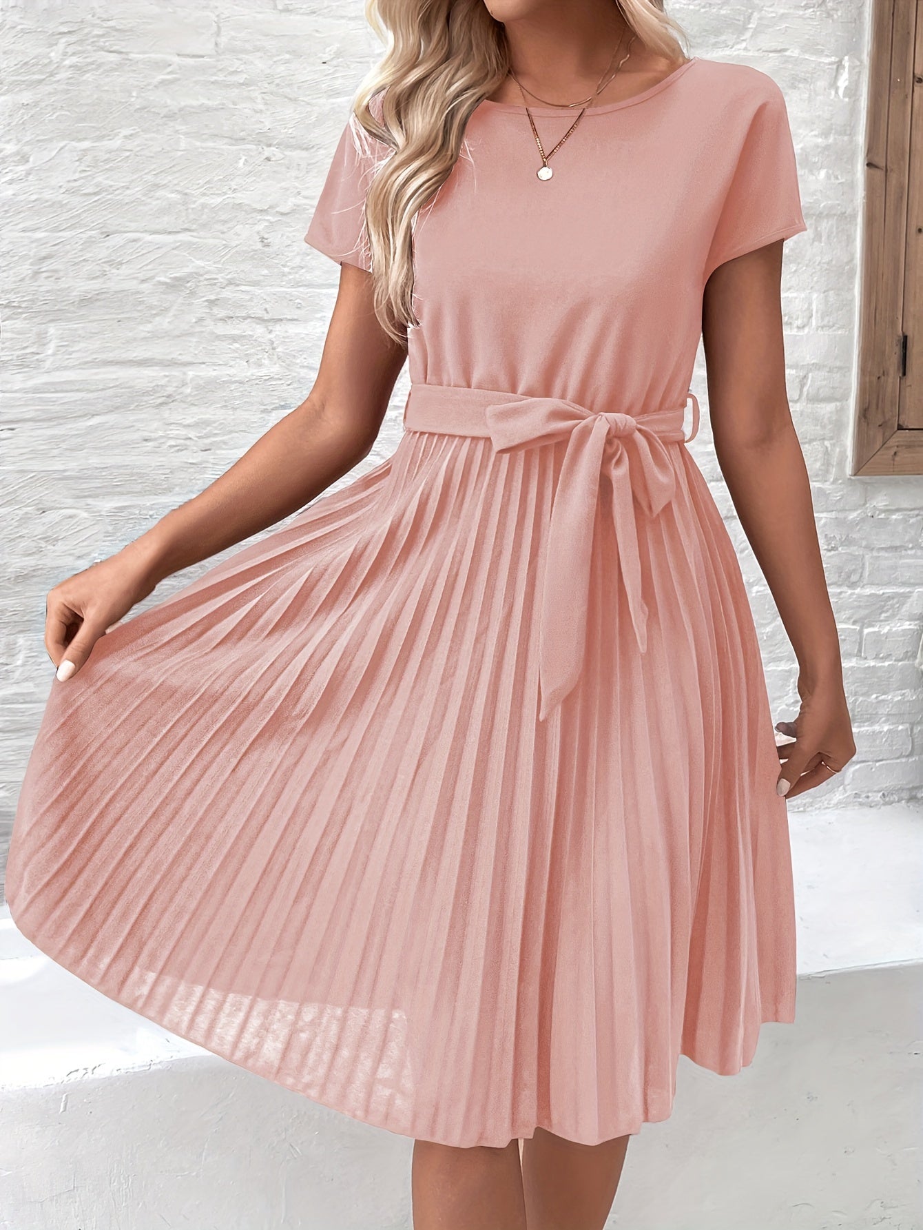 Women's Pleated Midi Dress Tie Waist Short Sleeve