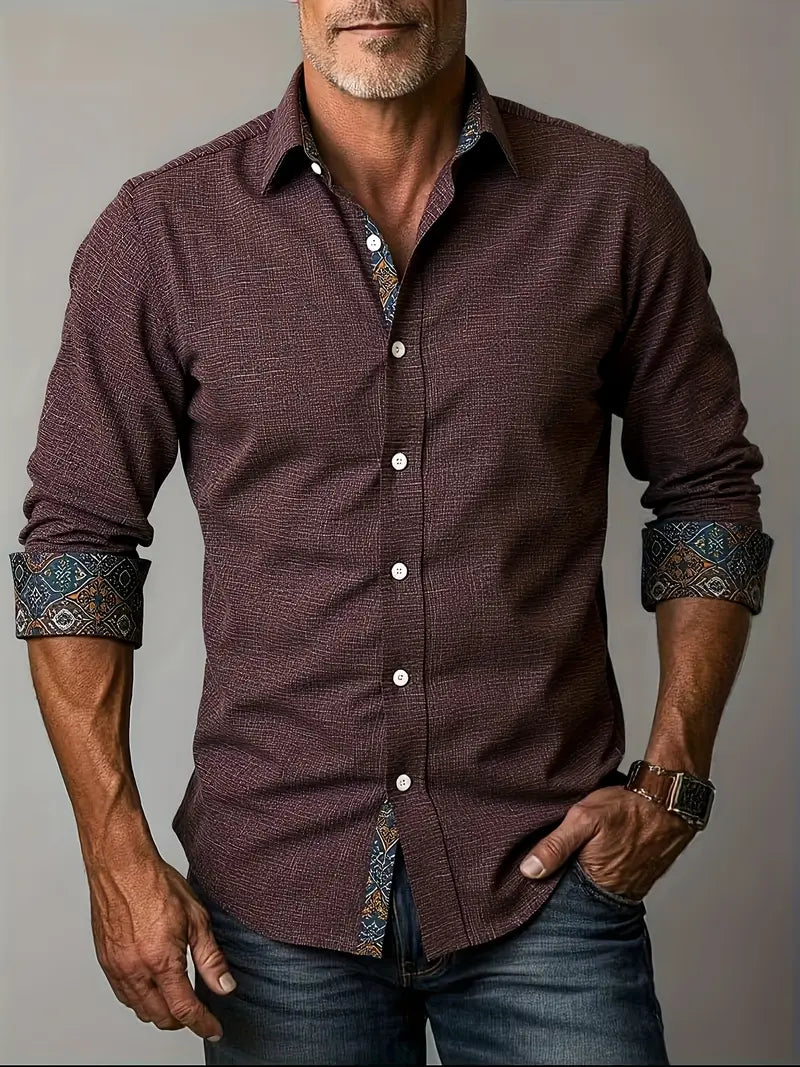 Men's Two-Tone Trim Modern Fit Button-Down Shirt - Burgundy