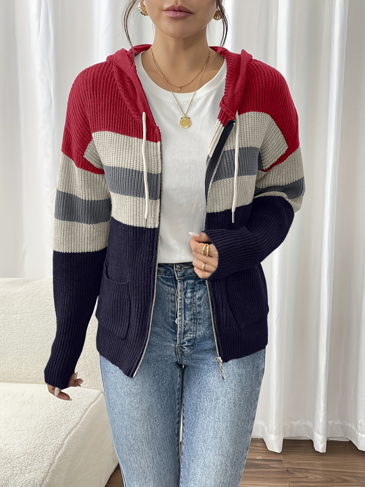Women's Multicolor Rib Knit Hooded Zip-Up Cardigan