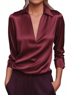 Women's Satin V-Neck Blouse Draped Collar Elegance