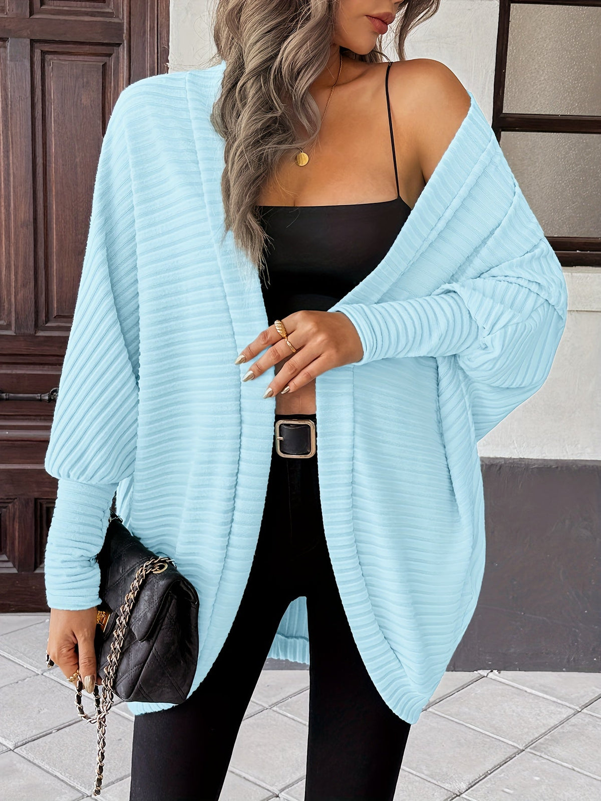 Women's Buttonless Ribbed Drape Cardigan