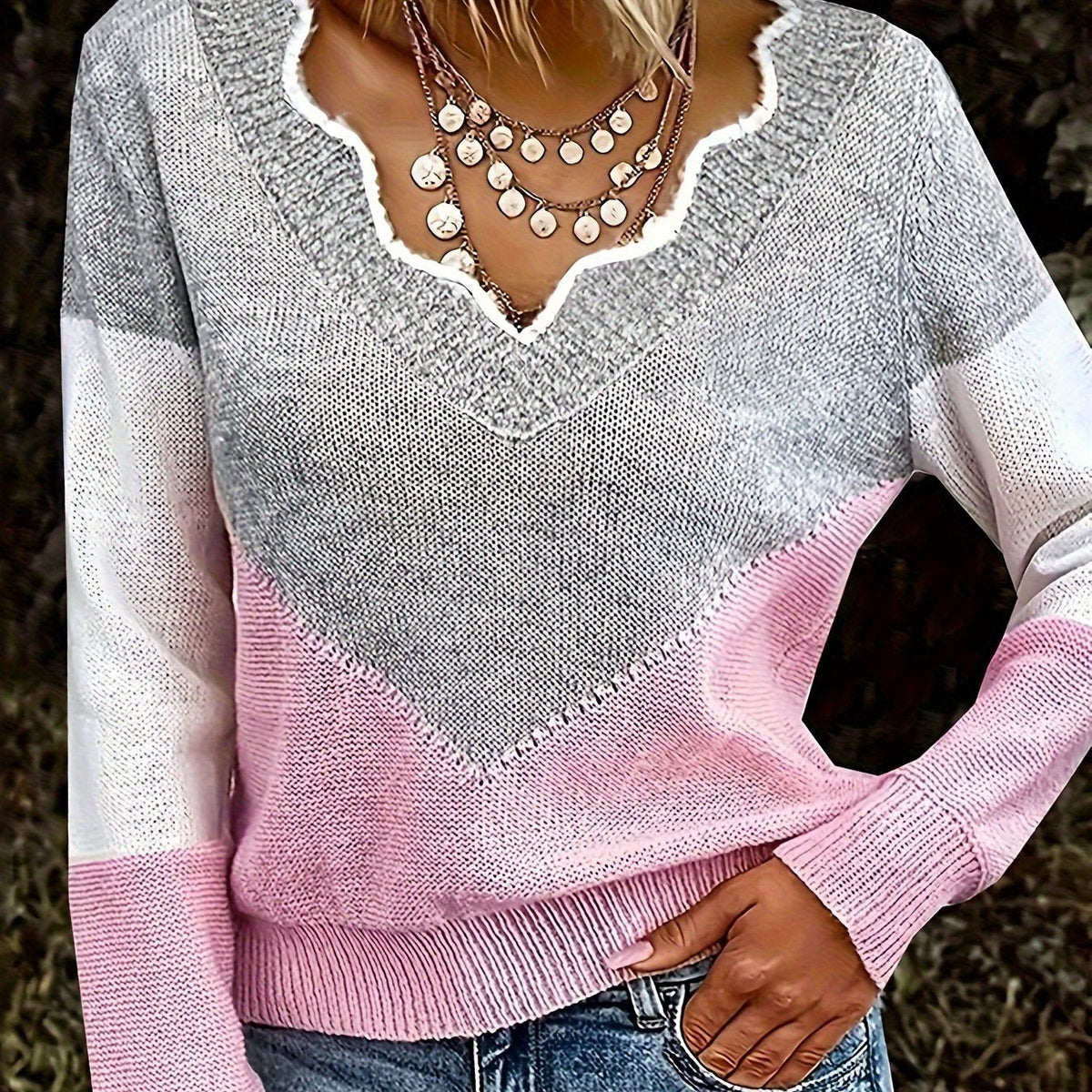 Women's Two-Tone Knit Pullover with Flattering V-Neckline - Pink