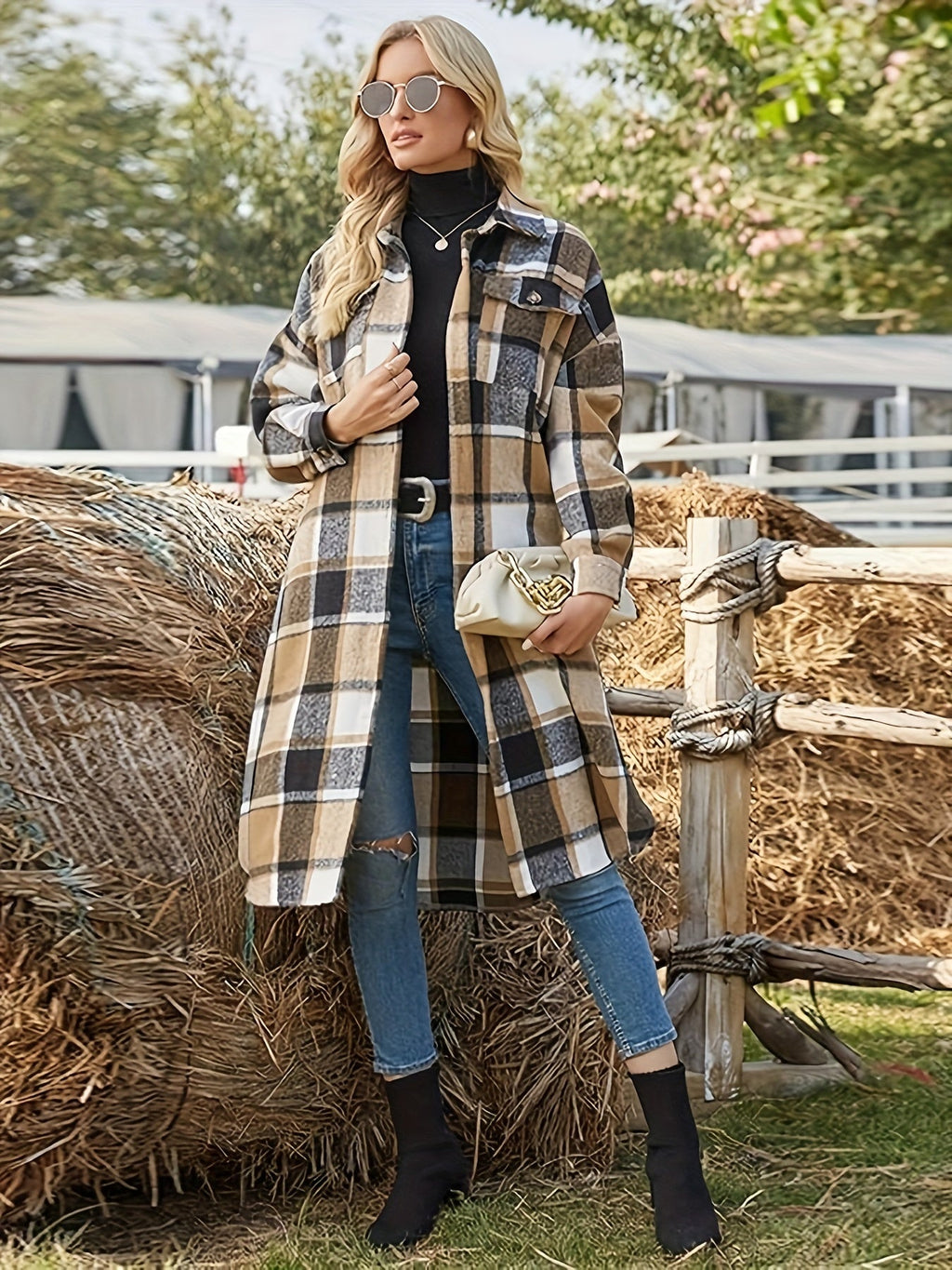 Women's Classic Check Button-Front Longline Coat
