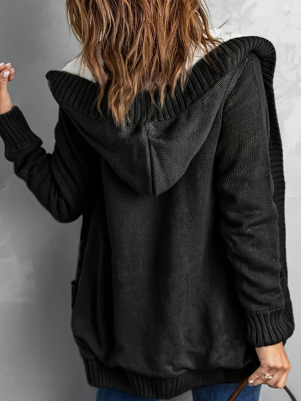 Women's Fleece-Lined Button-Up Hooded Knit Cardigan