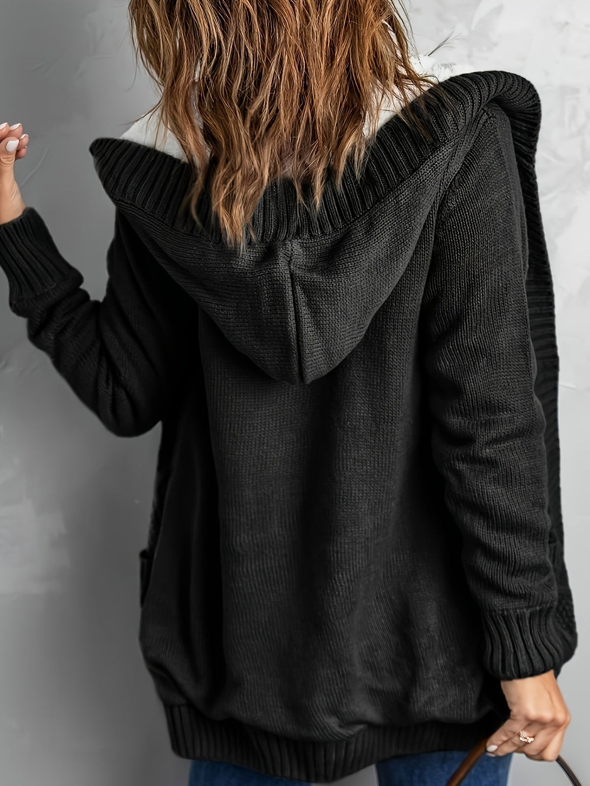 Women's Fleece-Lined Button-Up Hooded Knit Cardigan