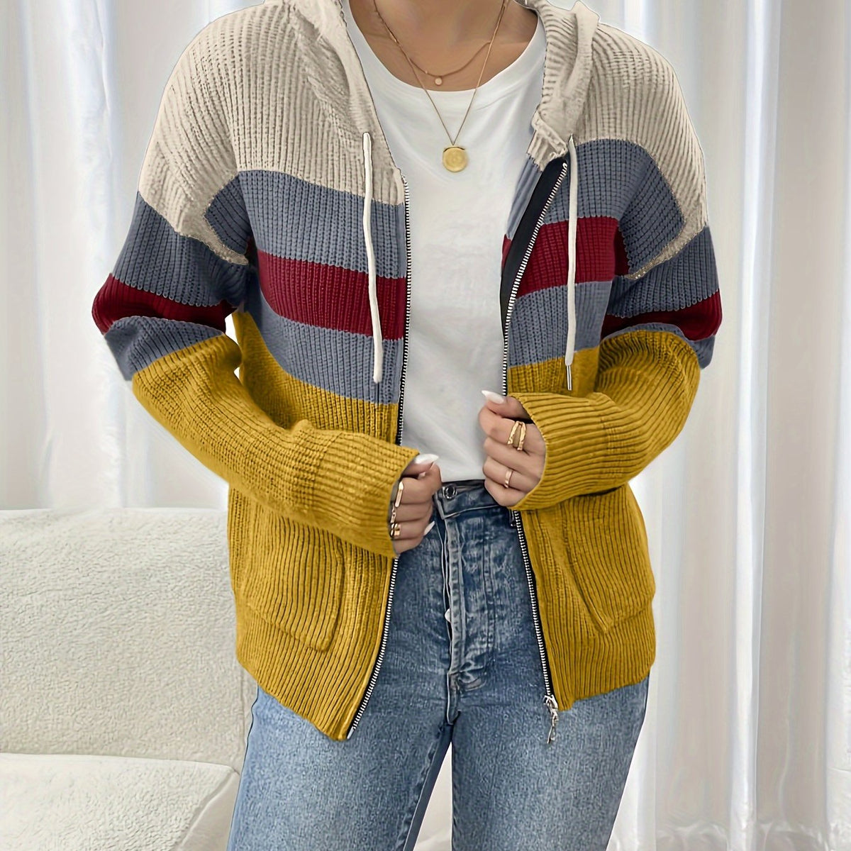 Women's Multicolor Rib Knit Hooded Zip-Up Cardigan - Ginger