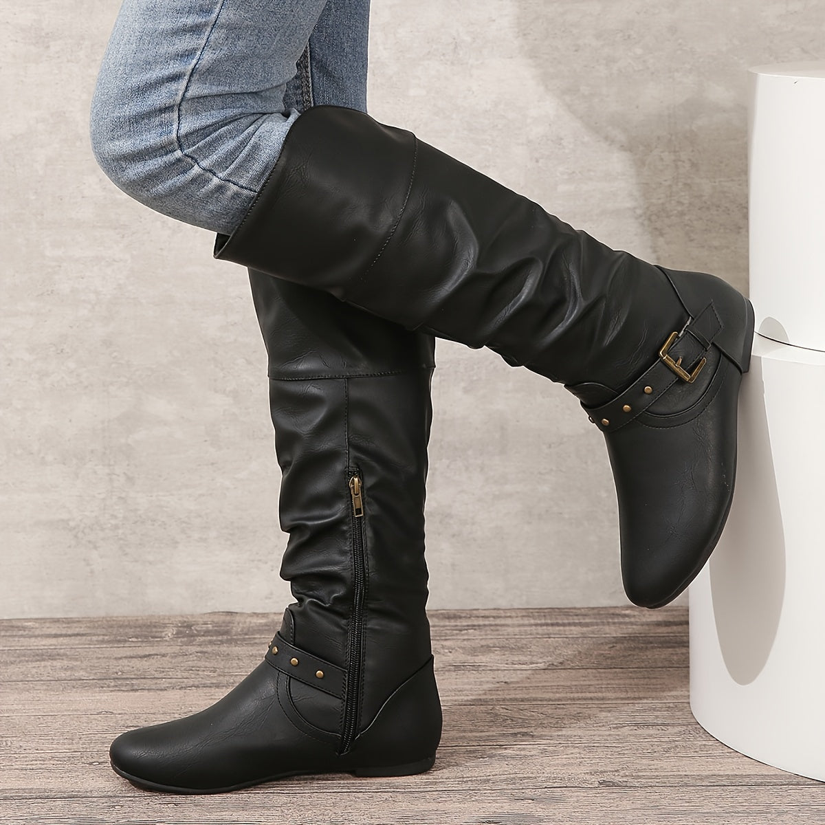 Women's Flat Equestrian Tall Boots with Soft Slouch - Black