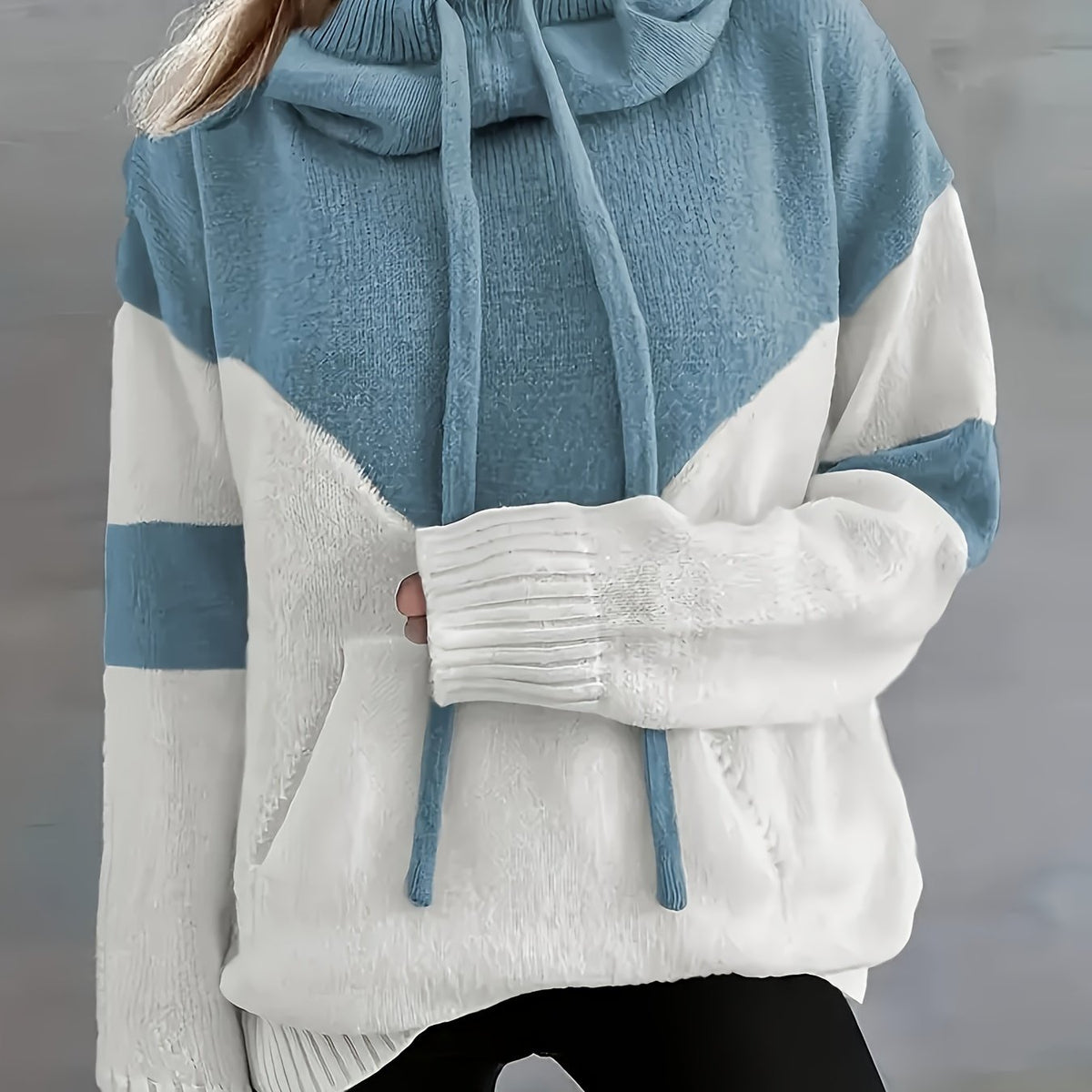 Women's Drawstring Hood Two-Tone Relaxed Pullover Hoodie - Peacock Blue