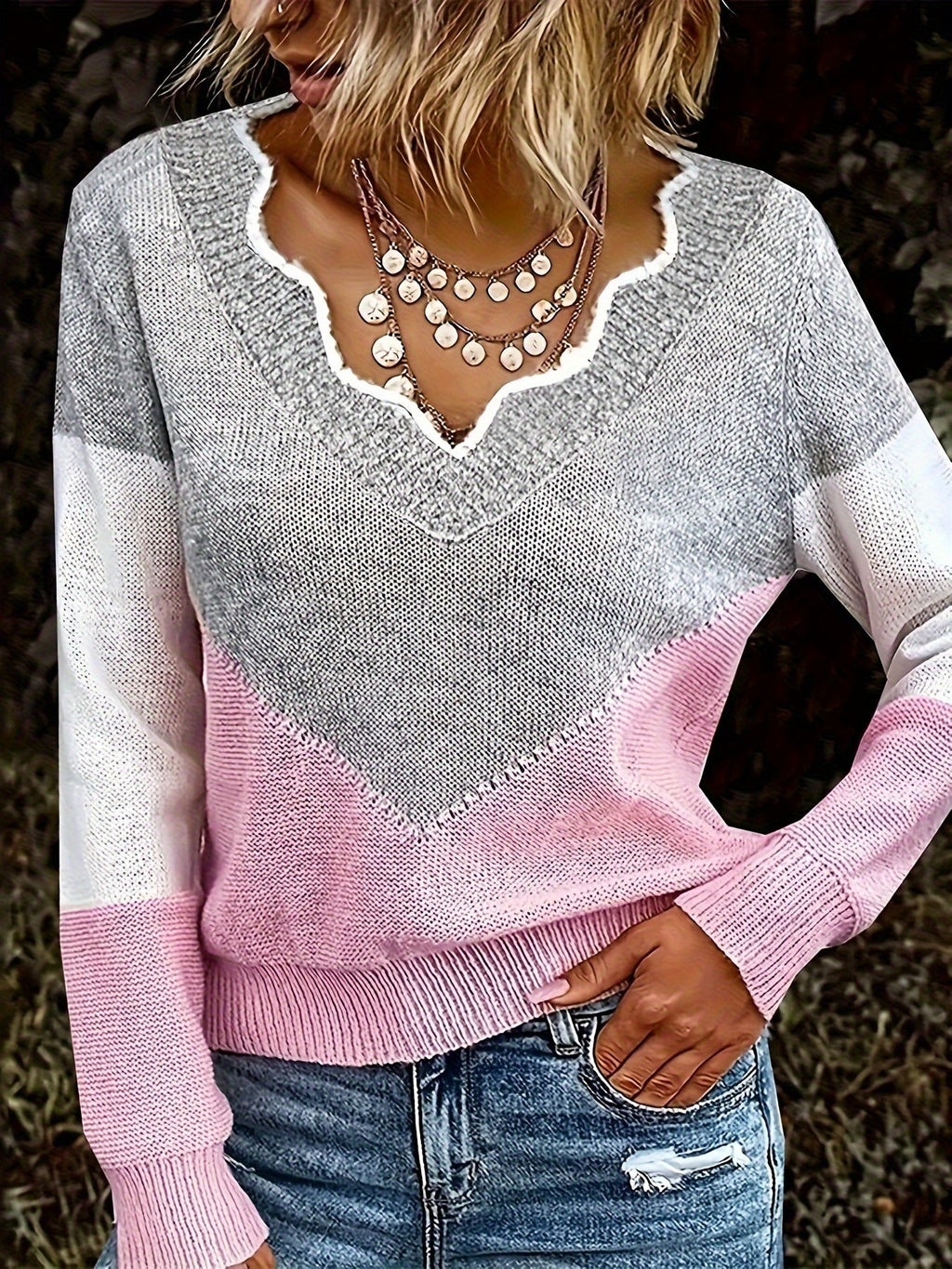 Women's Two-Tone Knit Pullover with Flattering V-Neckline
