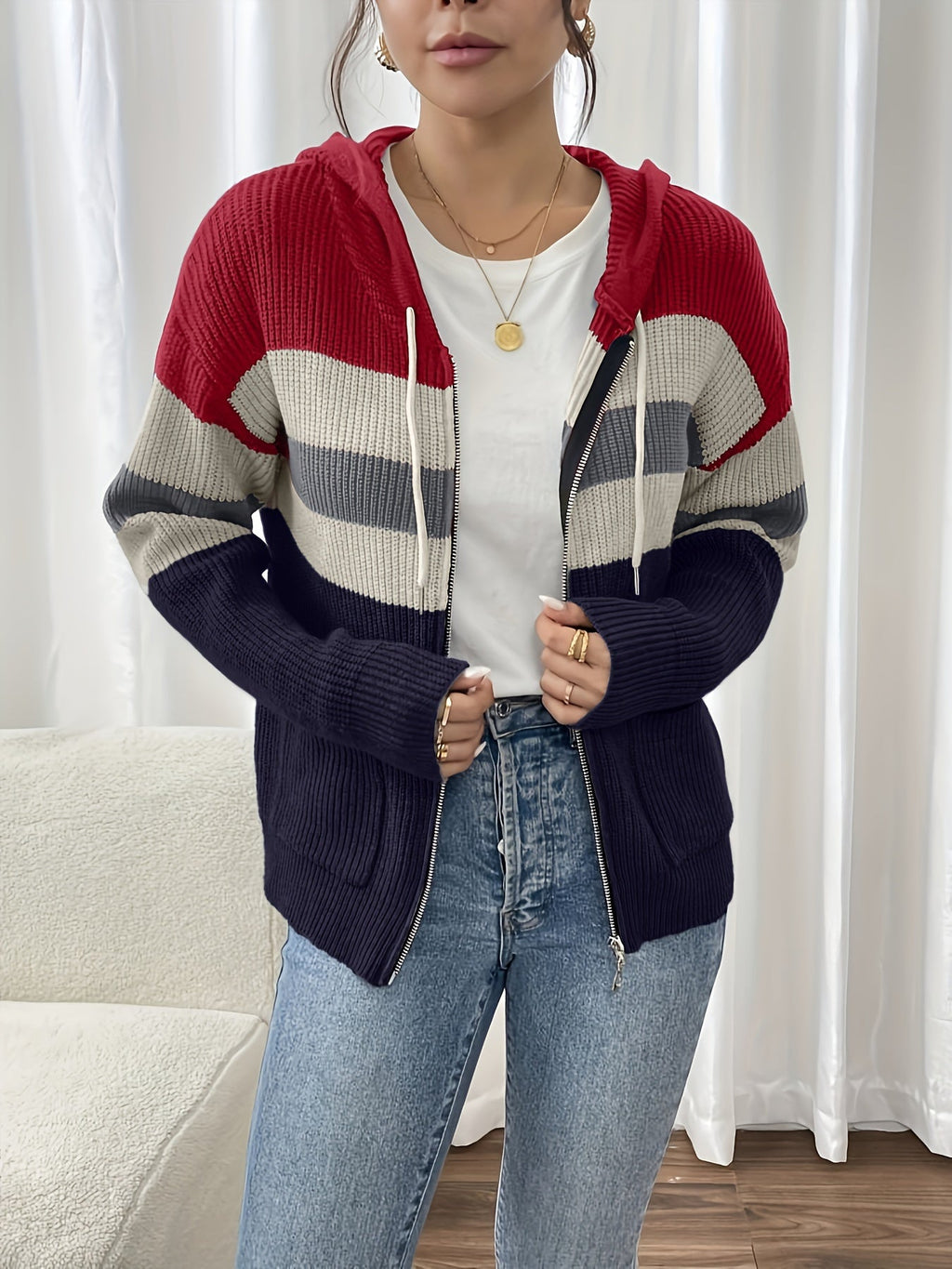 Women's Multicolor Rib Knit Hooded Zip-Up Cardigan