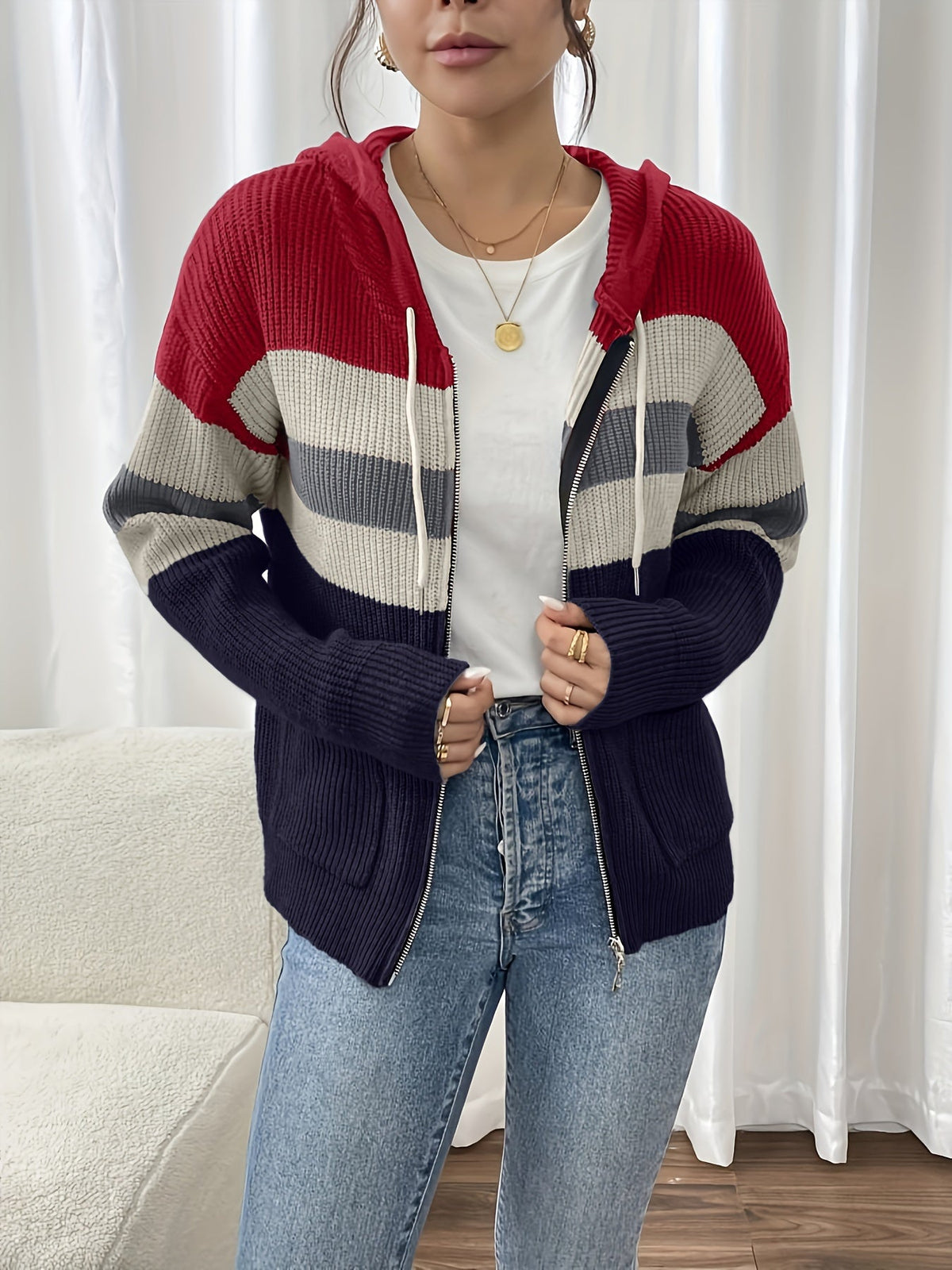 Women's Multicolor Rib Knit Hooded Zip-Up Cardigan