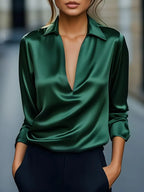 Women's Satin V-Neck Blouse Draped Collar Elegance