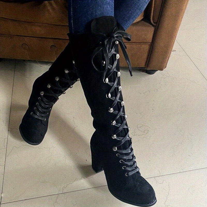 Women's Laced Shaft Tall Boots for Dresses and Skirts - Black