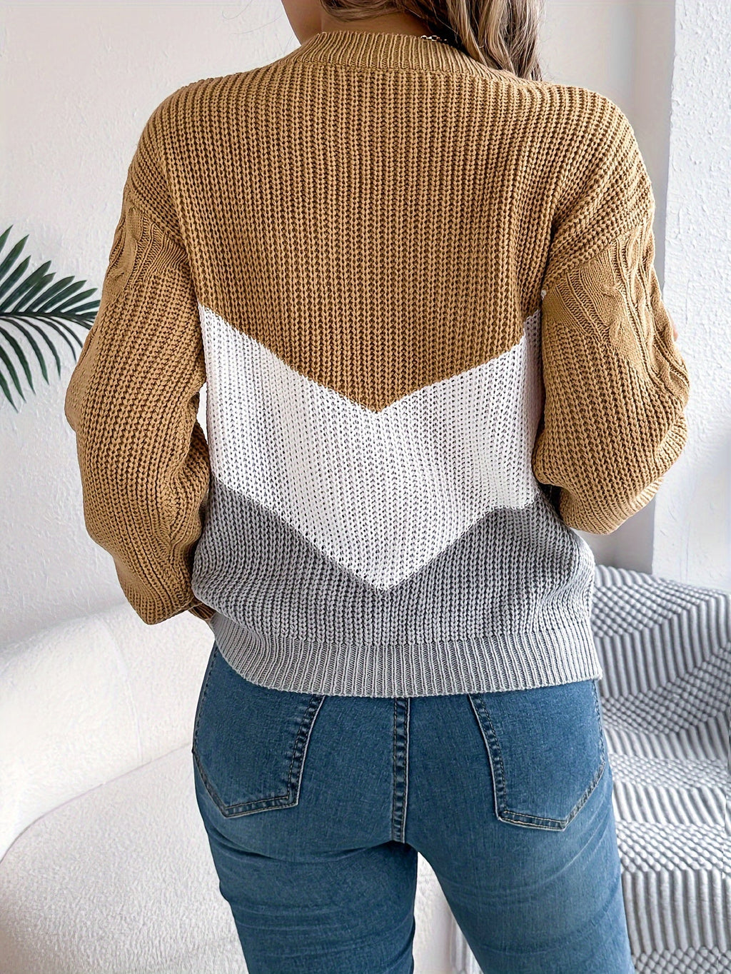 Women's Soft Knit Two-Tone Crew Sweater with Gentle Stretch
