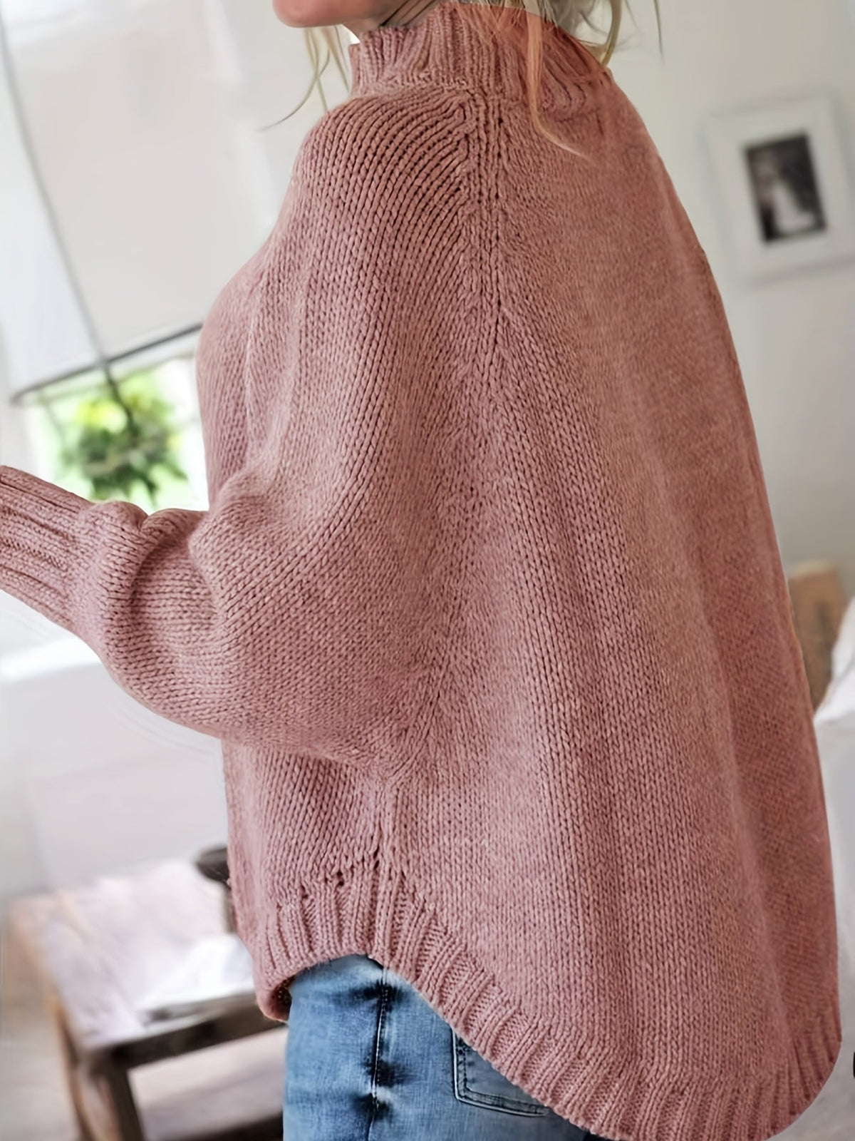Women's Thick Textured High-Neck Sweater with Cable Detail