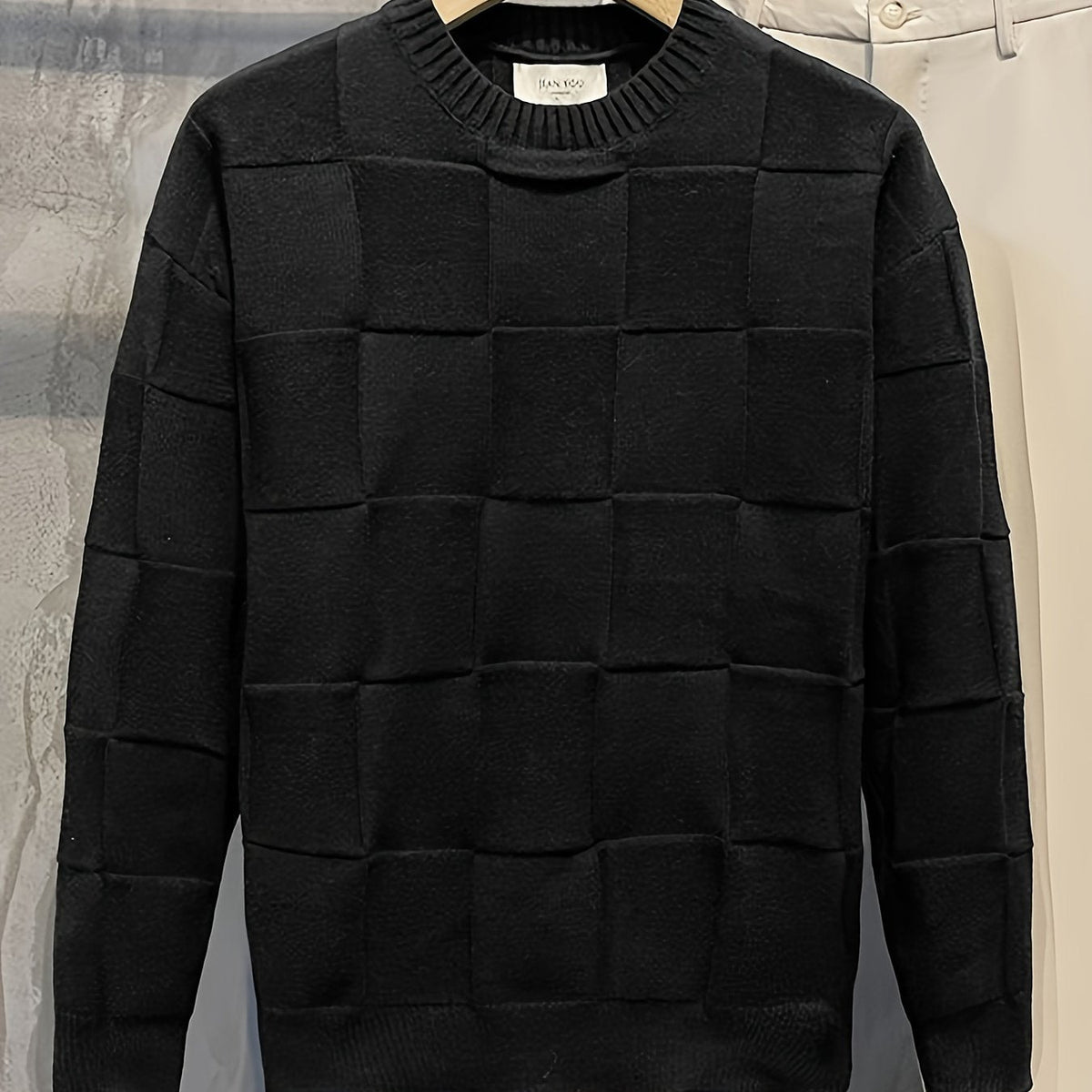 Women's Raised Grid Texture Crewneck Knit Sweater - Black