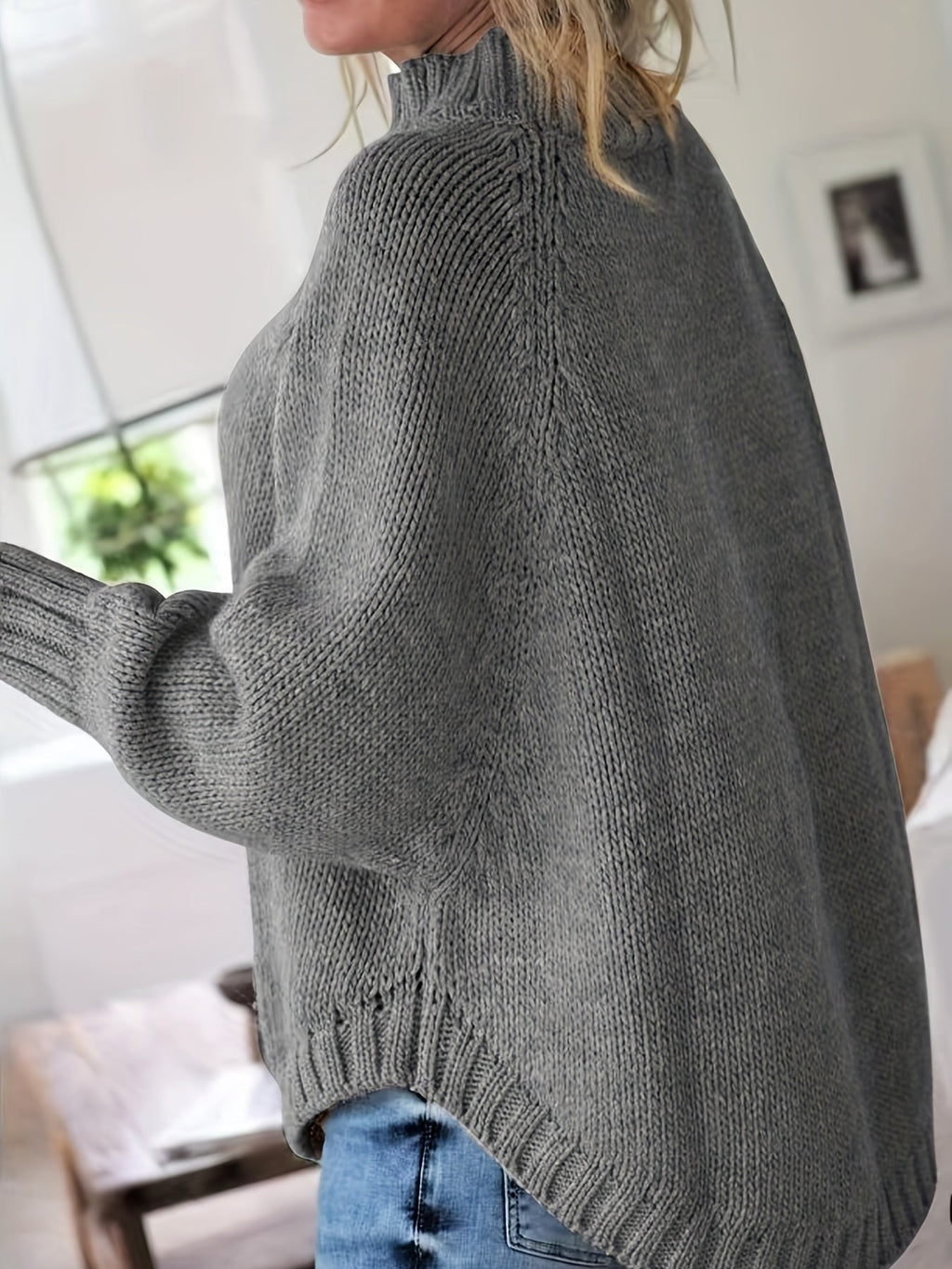 Women's Thick Textured High-Neck Sweater with Cable Detail