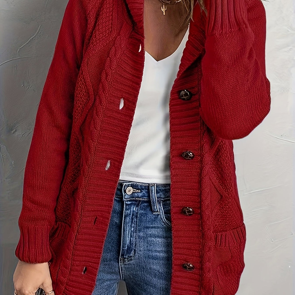 Women's Fleece-Lined Button-Up Hooded Knit Cardigan - Red