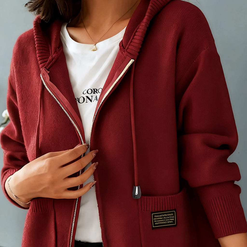 Women's Soft Knit Full-Zip Hoodie Cardigan with Pockets - Brick Red