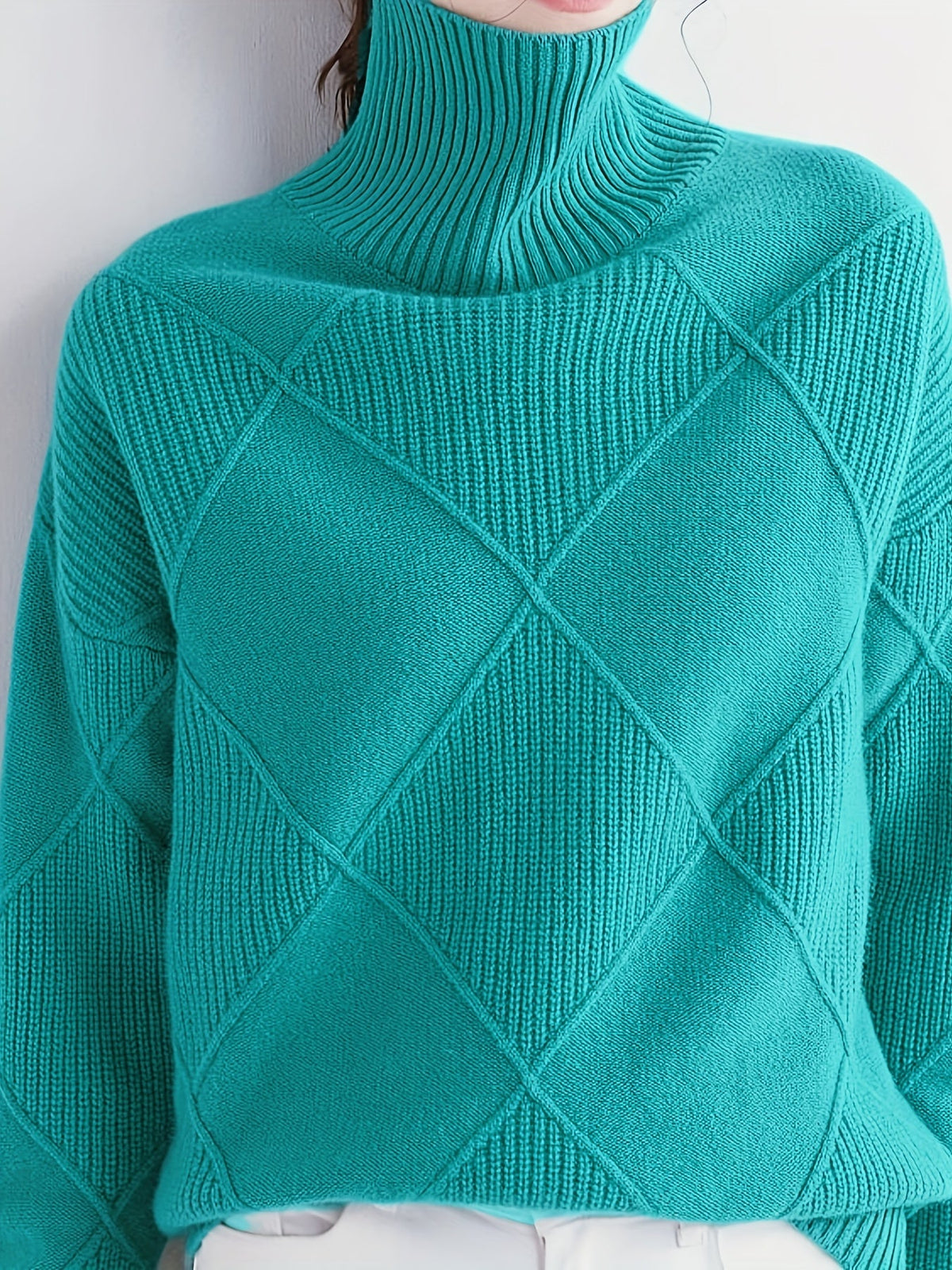 Women's Insulating Knit Turtleneck with Diamond Stitch Detail