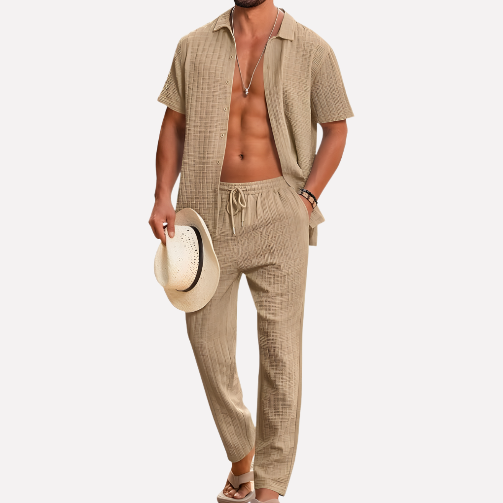 Men's Summer Co Ord Set Textured Shirt Relaxed Trousers
