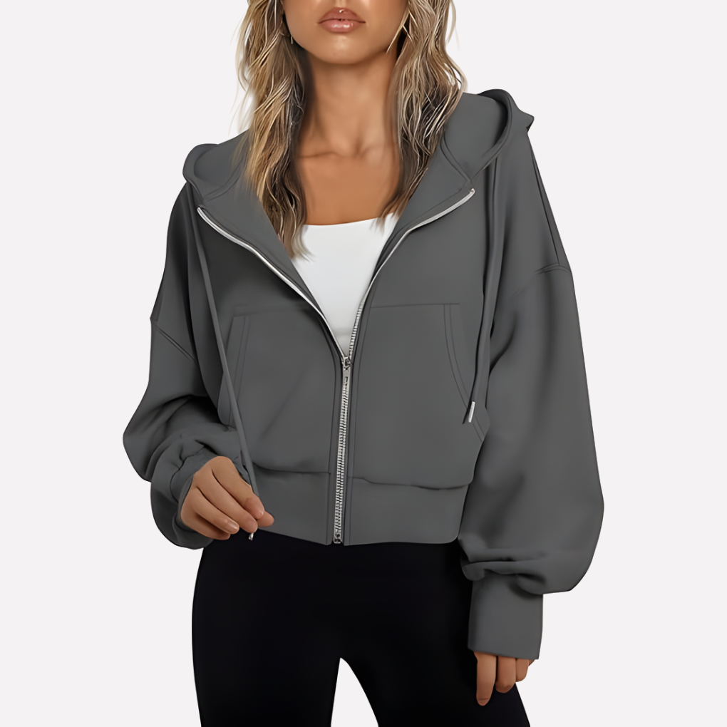 Women's Zip Hoodie Relaxed Fit Cropped Drawstring Jacket