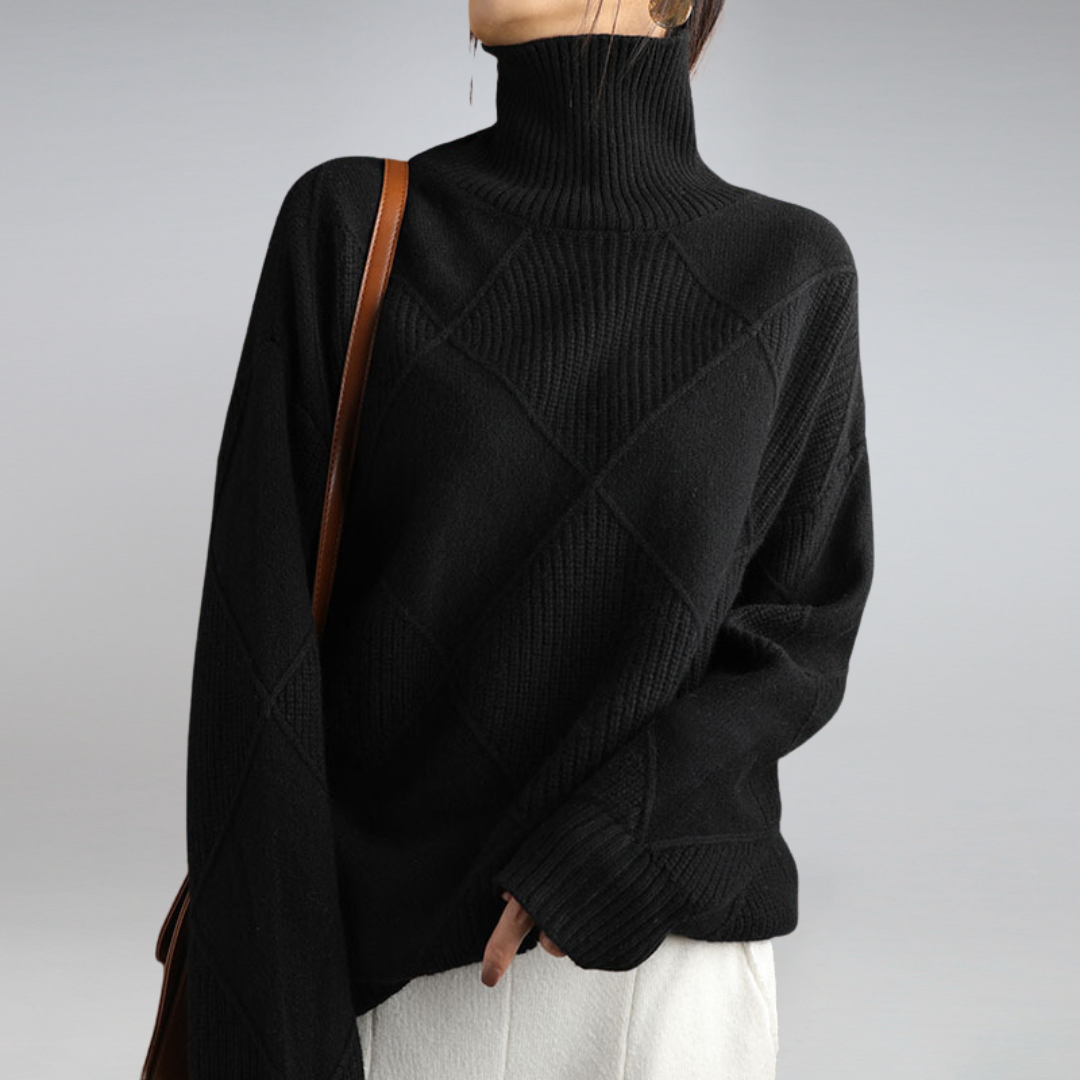 Women's Diamond Knit Turtleneck Pullover in Warm Wool Blend - Black