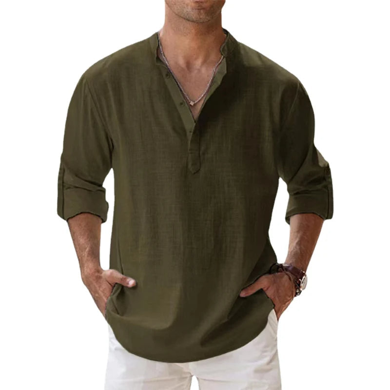 Men's Linen Henley Shirt Relaxed Fit Summer Button Neck