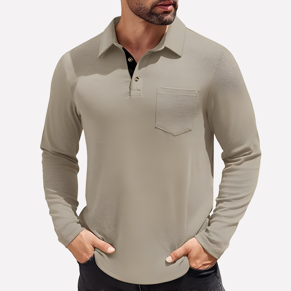 Men's Long Sleeve Polo Shirt Chest Pocket Casual Fit