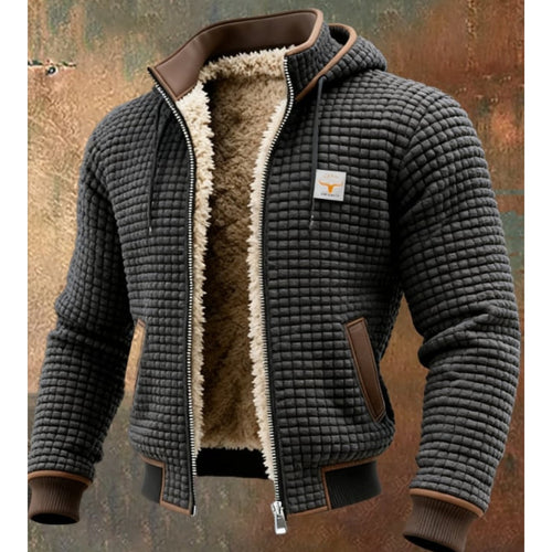 Men's Contrast-Trim Quilted Hooded Jacket with Fleece Lining - Dark Gray