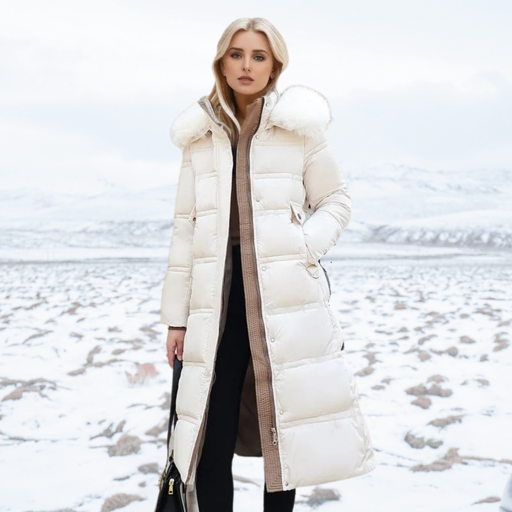 Women's Faux Fur Collar Long Puffer Coat with Side Pockets - White