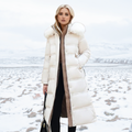 Women's Faux Fur Collar Long Puffer Coat with Side Pockets - White