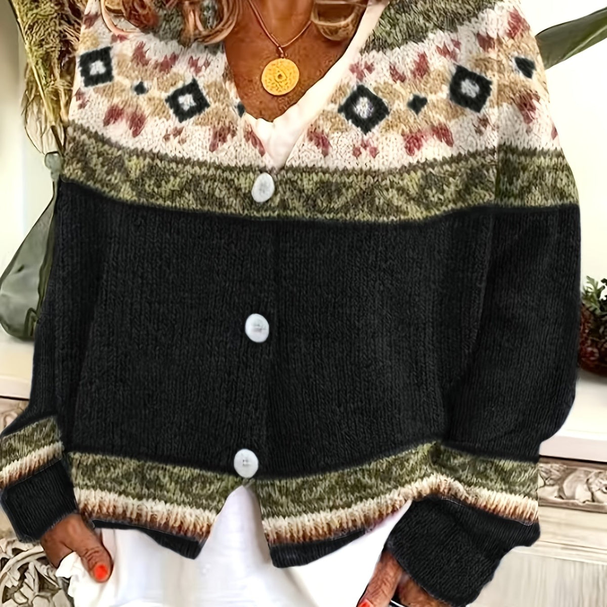 Women's Button-Up Cardigan with Retro Geometric Yoke - Deep Gray