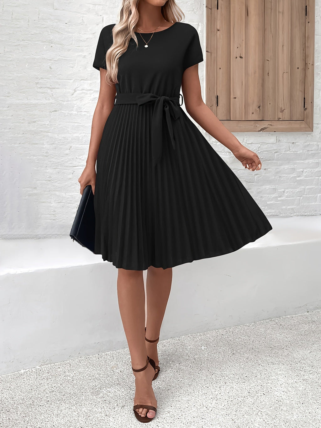 Women's Pleated Midi Dress Tie Waist Short Sleeve