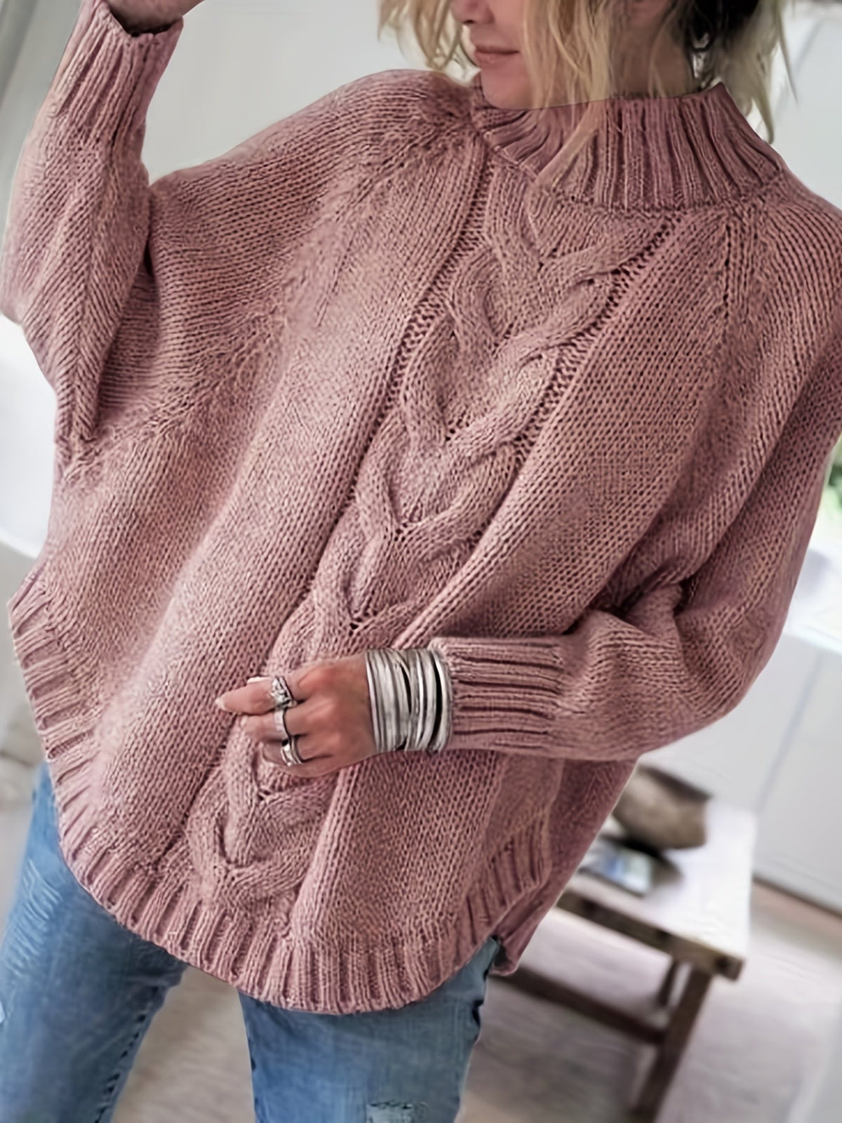 Women's Thick Textured High-Neck Sweater with Cable Detail