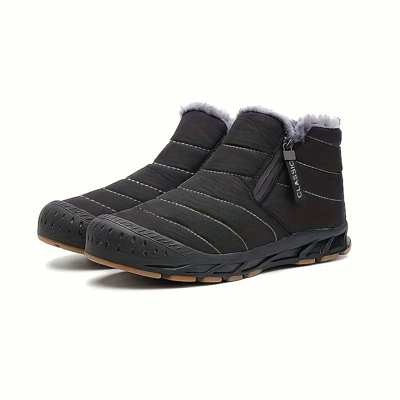Men's Horizontal Quilted Zip Winter Boots with Plush Lining - Black