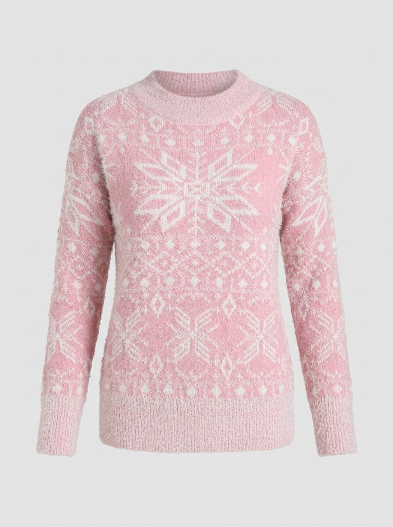 Women's Snowflake Crew Neck Winter Sweater with Ribbed Edges - Light Pink