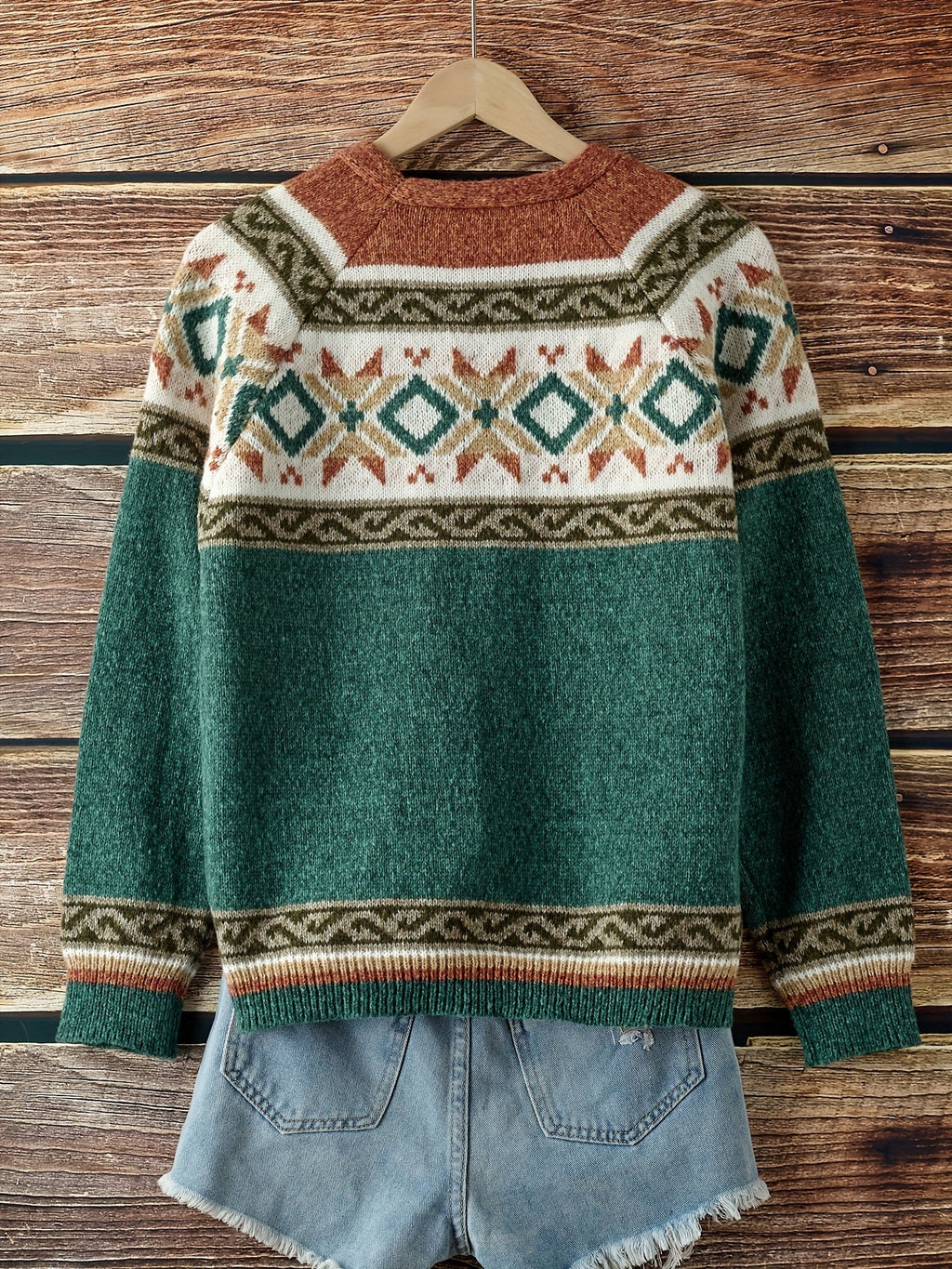 Women's Button-Up Cardigan with Retro Geometric Yoke