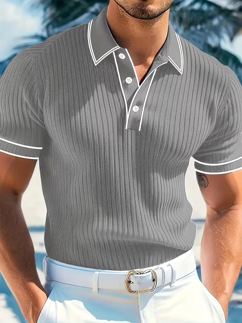 Men's Two-Tone Block Knit Polo with Short Sleeves - Gray